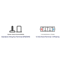 Technical diagrams showing standard wing nut terminals and D polarity cell layout