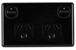 Black double pole 10Amp GPO outlet with two switches and two Australian 3-pin sockets
