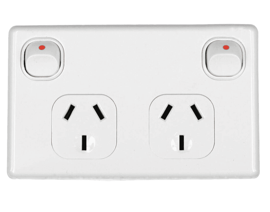 Tesla white double pole 10A double power point GPO with red switch indicators