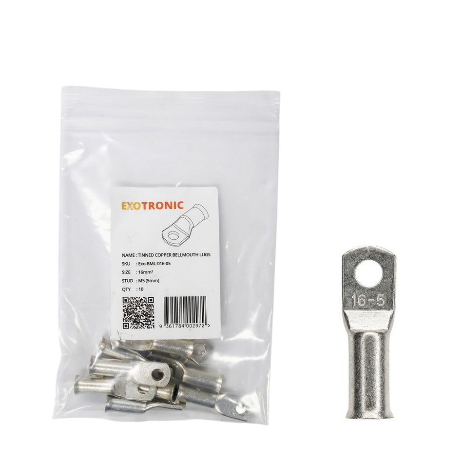 10 pack of Exotronic 16mm2 tinned copper lugs with M5 stud holes in retail packaging