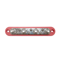 Top-down view of red busbar featuring four M8 studs and six screw terminals on a tin-plated copper plate