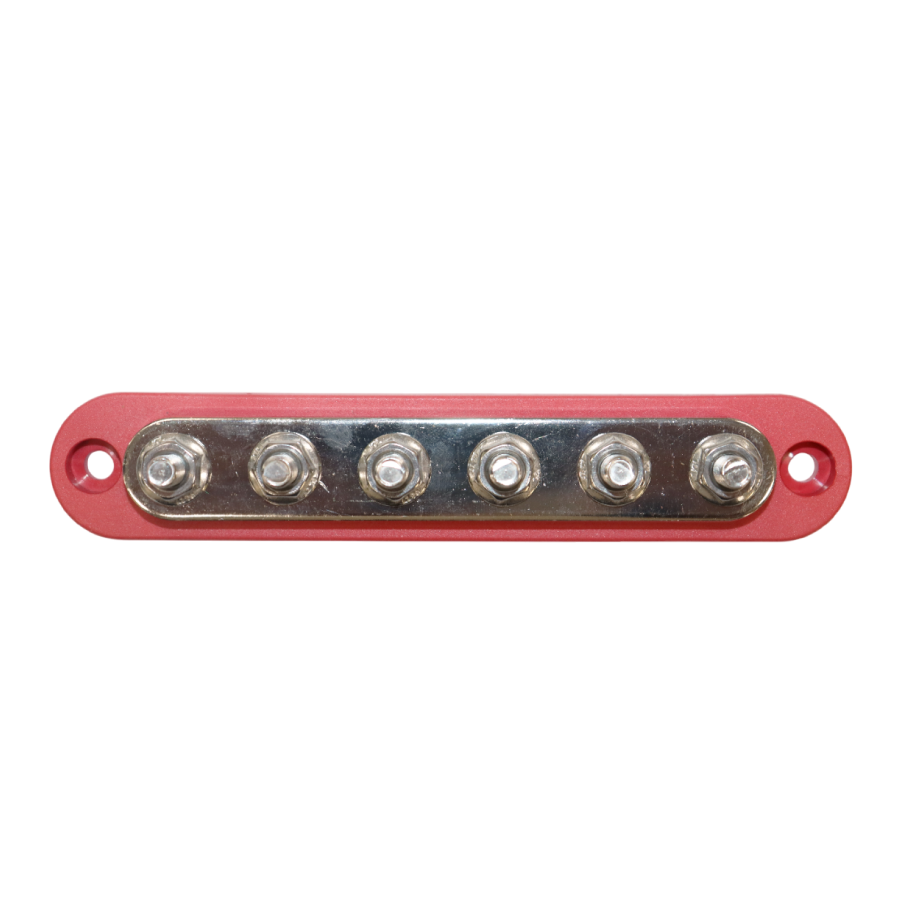 Top-down view of red busbar featuring six tin-plated copper M6 studs