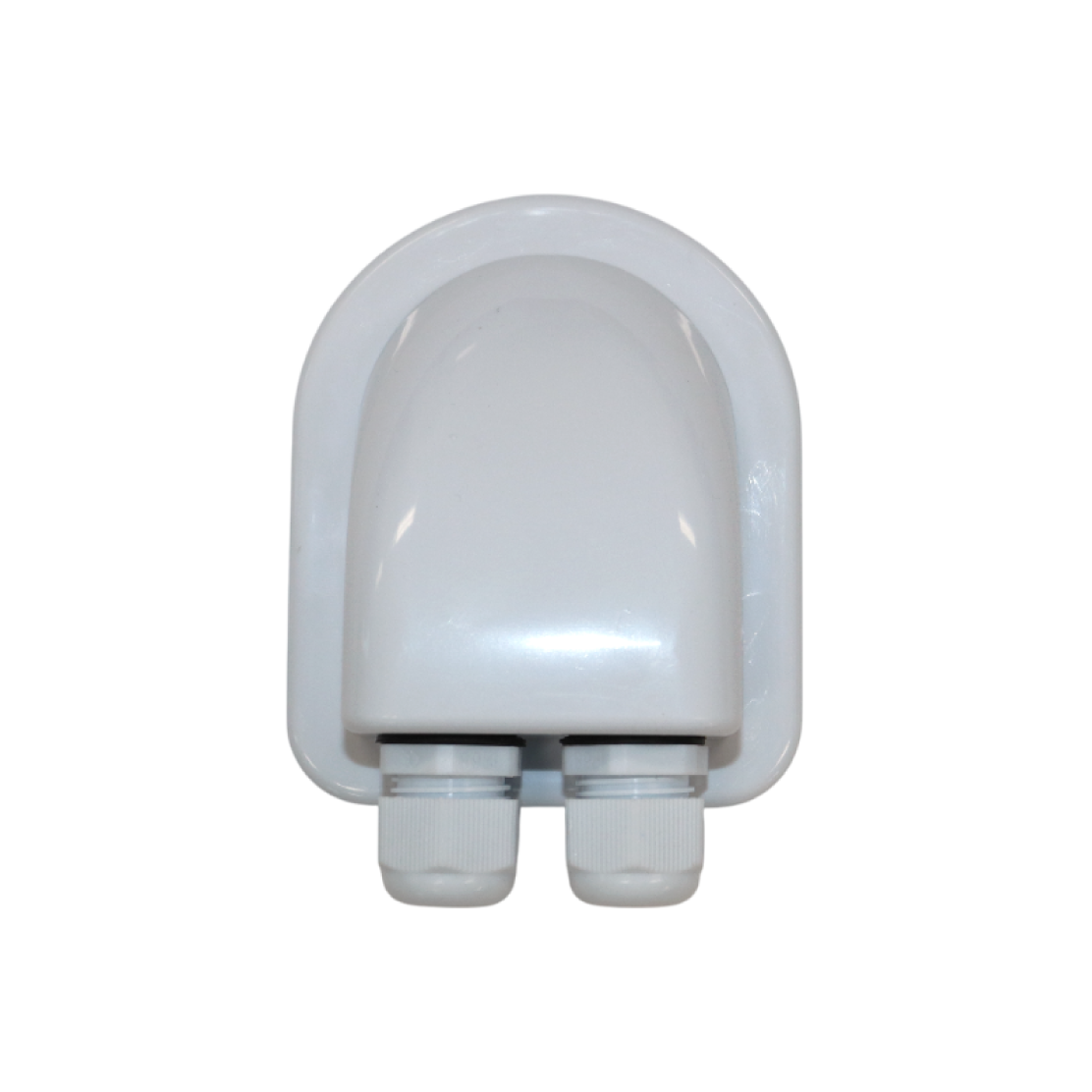 Top-down view of white cable entry cover highlighting rounded aerodynamic shape and rear dual glands