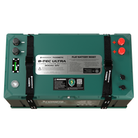 Top view of lithium battery showing M8 terminals, SOC indicator and reset button