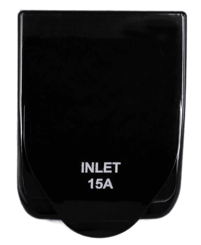 Closed black protective cover of a 15A caravan power inlet with white text reading INLET 15A