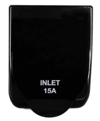 Closed black protective cover of a 15A caravan power inlet with white text reading INLET 15A