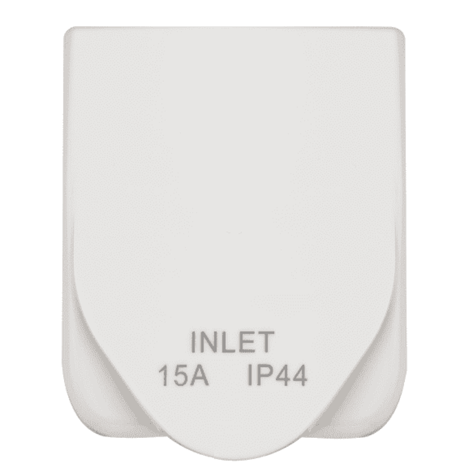 Front view of a white caravan power inlet with the weatherproof cover closed showing IP44 rating