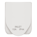 Front view of a white caravan power inlet with the weatherproof cover closed showing IP44 rating