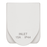 Front view of a white caravan power inlet with the weatherproof cover closed showing IP44 rating