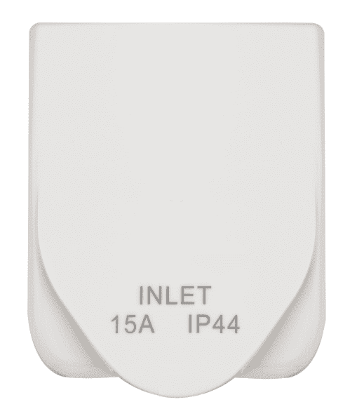 Front view of a white caravan power inlet with the weatherproof cover closed showing IP44 rating