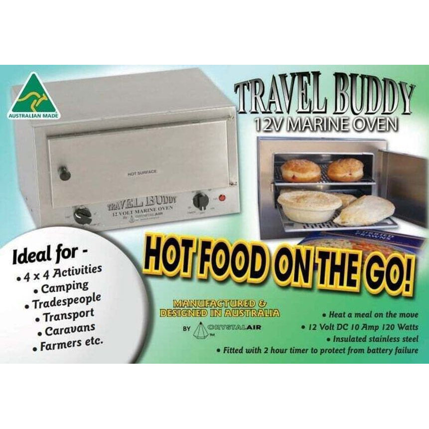 Marketing infographic for Travel Buddy 12V Marine Oven listing specifications and use cases