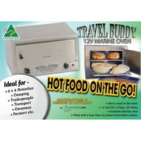 Marketing infographic for Travel Buddy 12V Marine Oven listing specifications and use cases