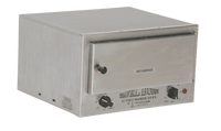 Stainless steel 12V marine oven with adjustable temperature and timer control dials on the front panel