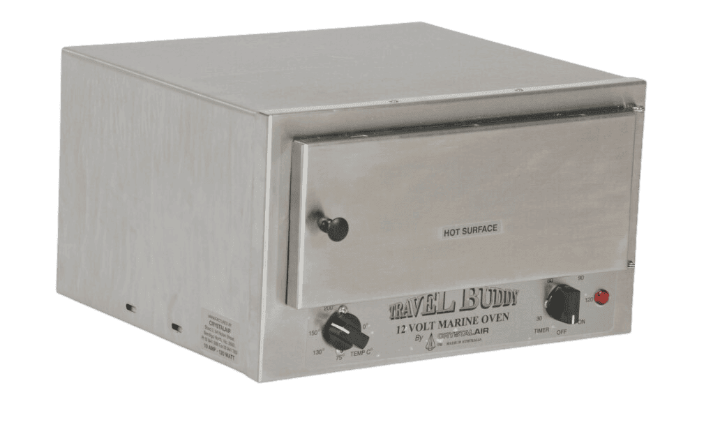 Stainless steel 12V marine oven with adjustable temperature and timer control dials on the front panel