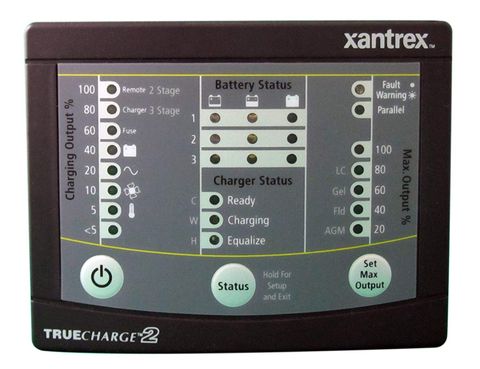 Front view of TRUEcharge2 remote panel with LED status indicators and function buttons