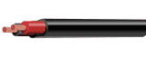 Technical cutaway view of cable showing copper strands, red inner core and black outer sheath
