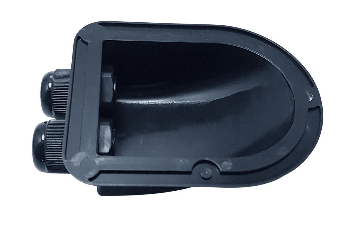 Underside of entry cover displaying perimeter bonding flange and internal locking nuts