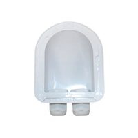 Underside view of white cable entry housing showing hollow interior and wide surface area for adhesive application
