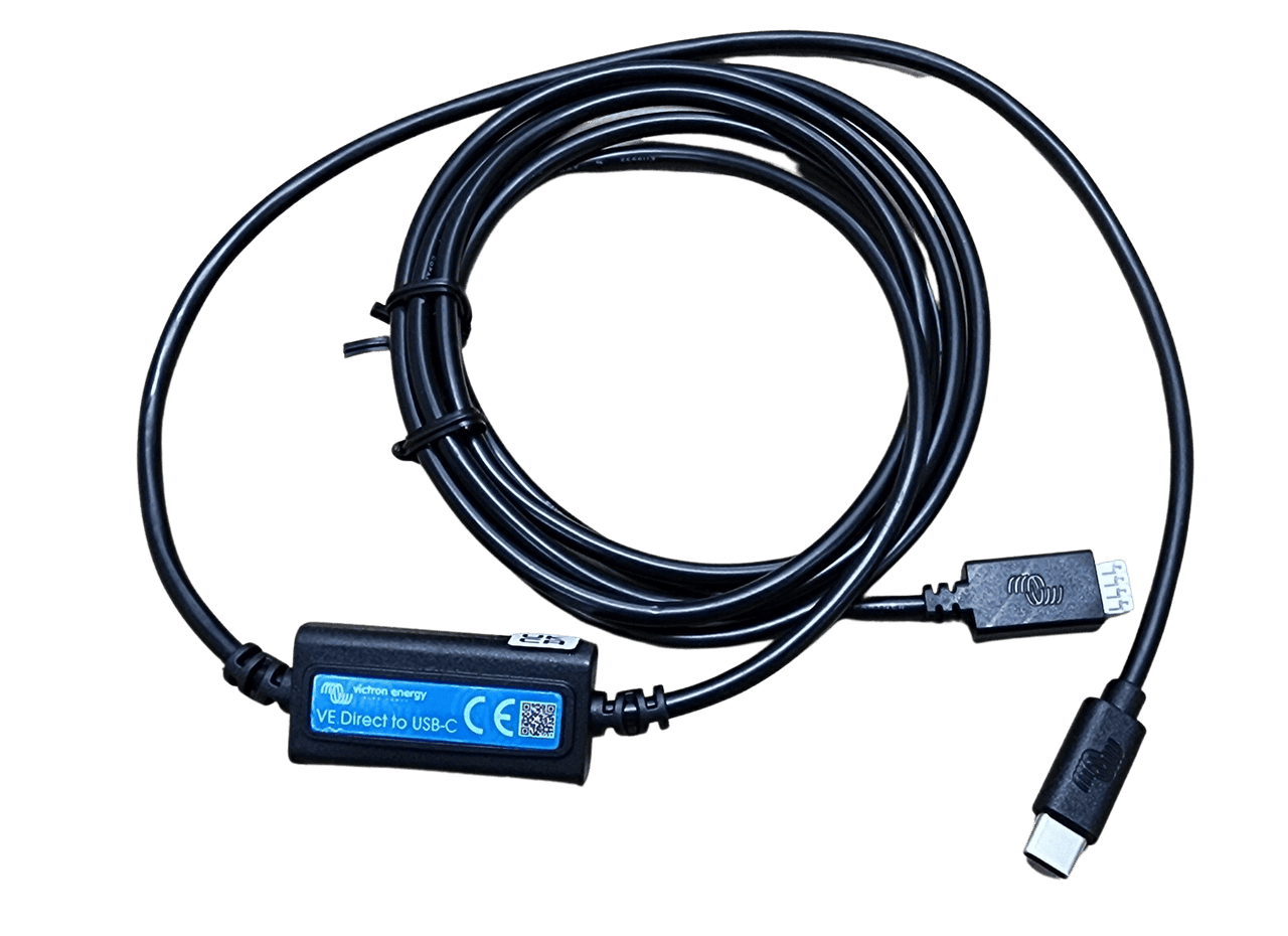 Coiled 1.8m black interface cable with an inline converter connecting a VE.Direct plug to a USB-C connector