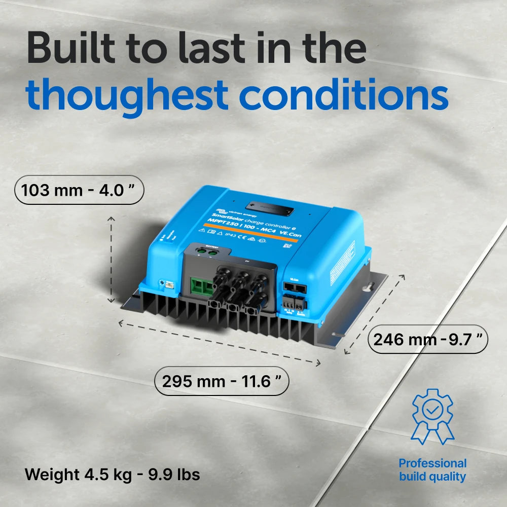 Rendered view of SmartSolar charge controller with dimensions 246 x 295 x 103 mm and weight 4.5kg