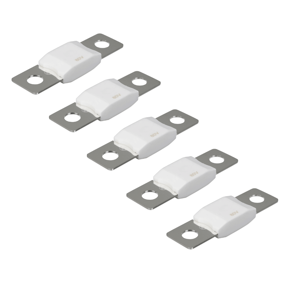Five Victron 100A 80V MEGA fuses with white ceramic bodies and metal bolt-down terminals
