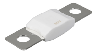 Perspective view of a Victron 100A 80V MEGA fuse with a white body and silver terminals