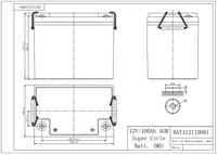 Technical drawing of the Victron 100Ah battery specifying 260mm length, 168mm width, and 215mm height