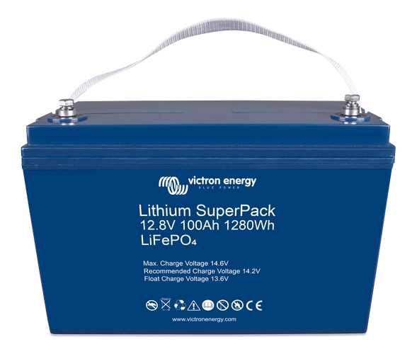 Perspective view of the Victron 12.8V 100Ah SuperPack battery highlighting the durable blue enclosure
