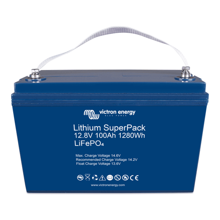 Perspective view of the Victron 12.8V 100Ah SuperPack battery highlighting the durable blue enclosure