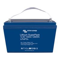 Perspective view of the Victron 12.8V 100Ah SuperPack battery highlighting the durable blue enclosure