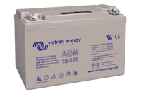 Angled view of a grey Victron 12V 110Ah AGM deep cycle battery showing top terminals