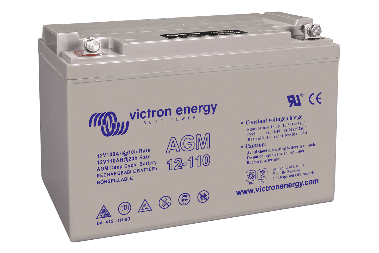 Angled view of a grey Victron 12V 110Ah AGM deep cycle battery showing top terminals