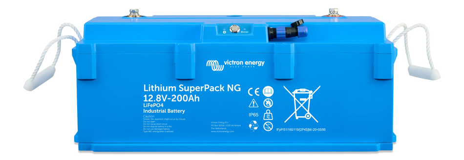 Front-on view of the Victron 12.8V 200Ah Lithium SuperPack NG battery