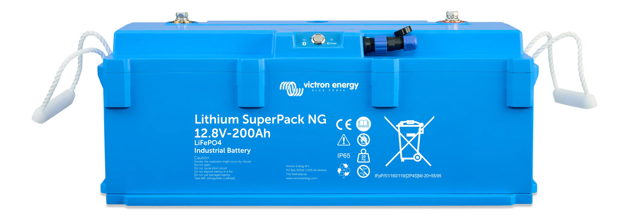 Front-on view of the Victron 12.8V 200Ah Lithium SuperPack NG battery