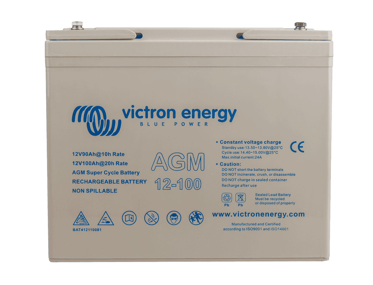 Front view of Victron 12V 100Ah AGM Super Cycle battery featuring grey casing and M6 terminal bolts
