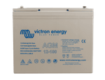 Front view of Victron 12V 100Ah AGM Super Cycle battery featuring grey casing and M6 terminal bolts