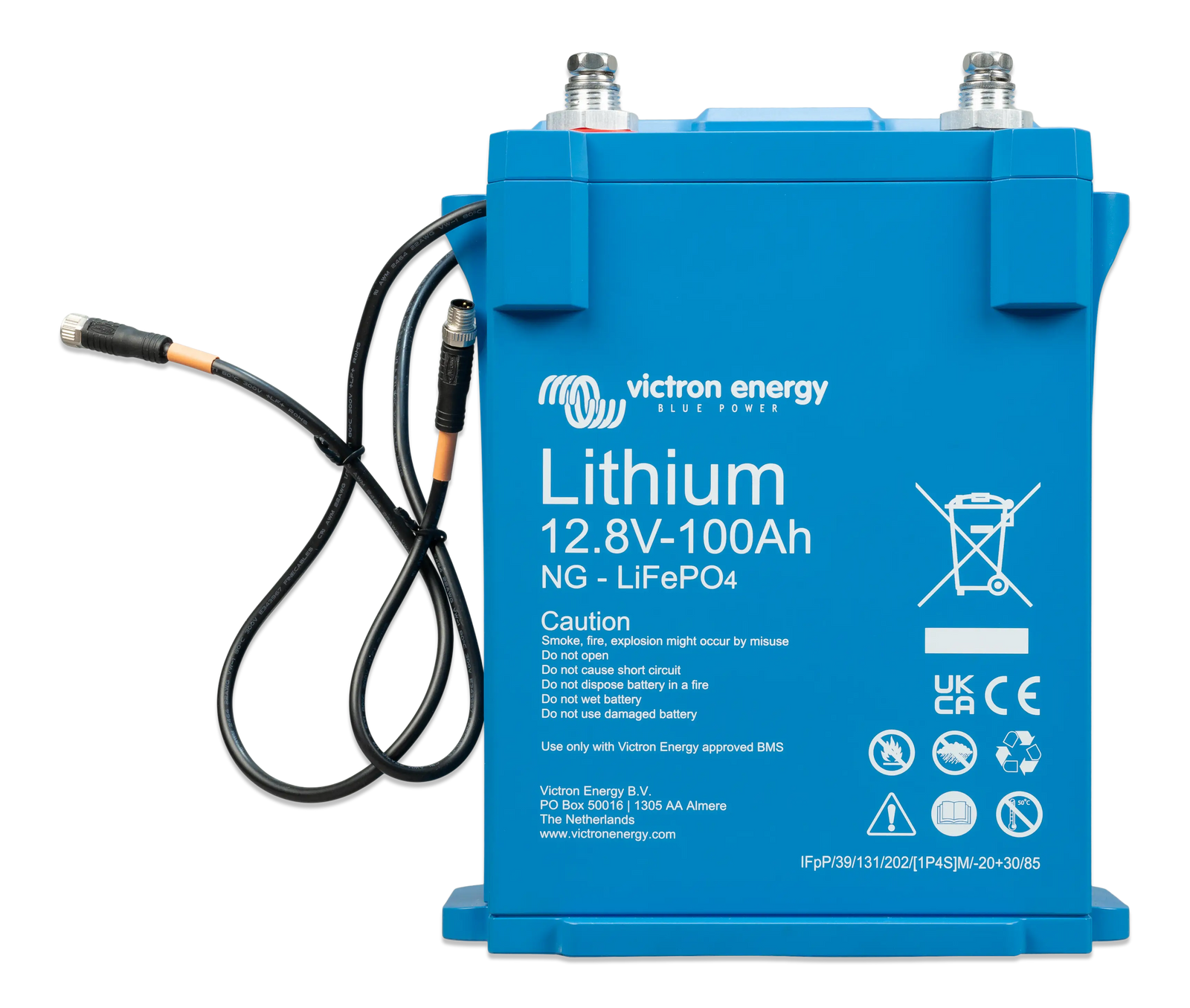 Front view of the 100Ah lithium battery showing chemical and capacity specifications