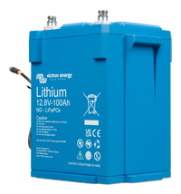 Side angled view of blue Victron lithium battery showing recessed handle for lifting