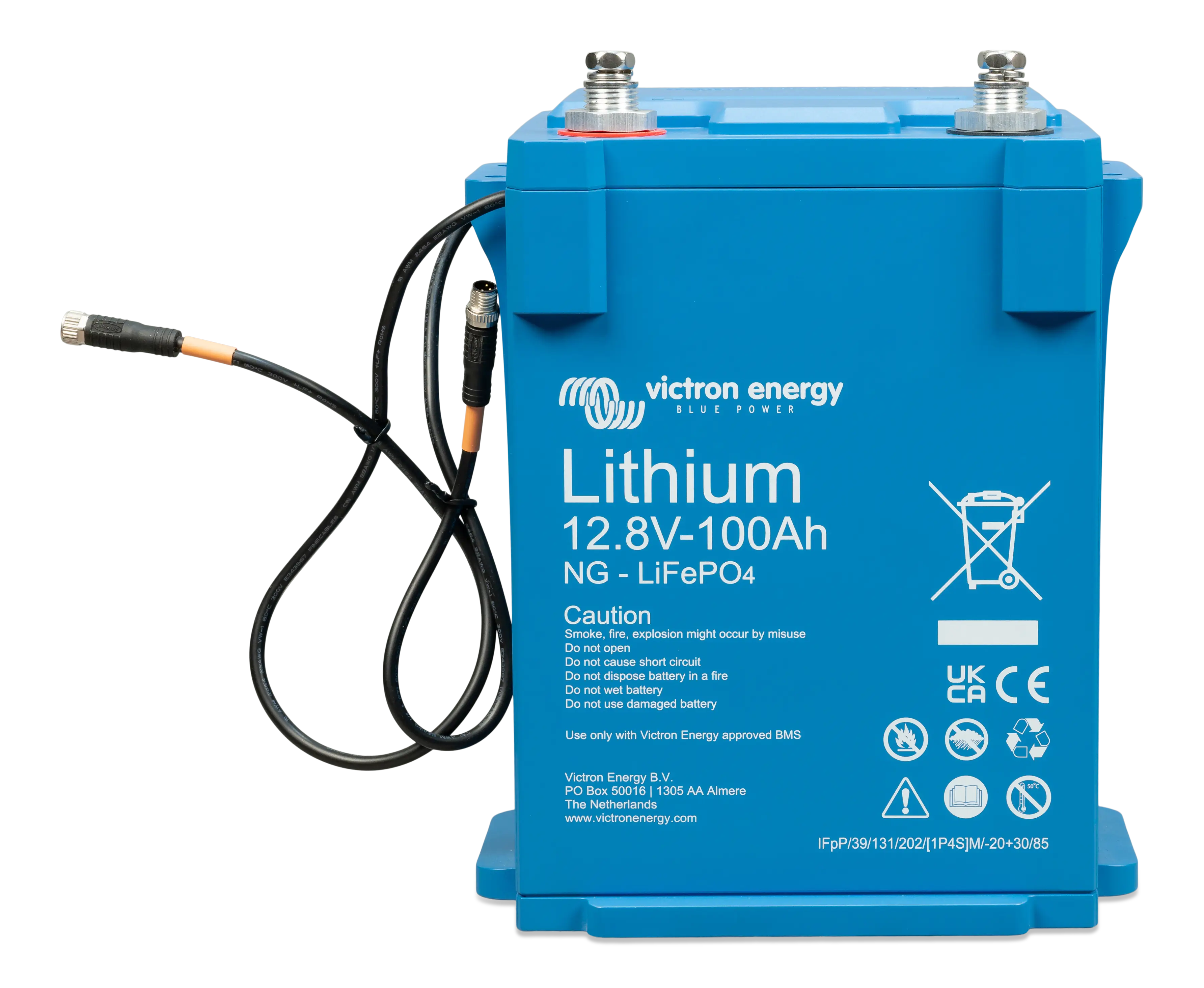Front view of Victron 12V 100Ah Smart NG lithium battery with BMS cables and M8 terminals
