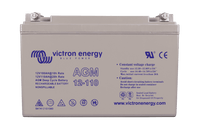 Front view of a grey Victron AGM 12-110 deep cycle battery with terminal bolts on top
