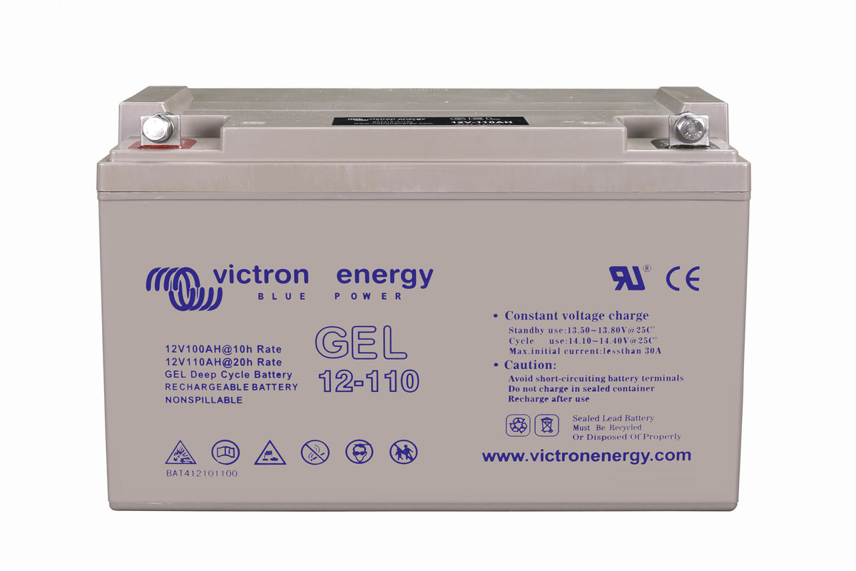 Direct front view of the Victron 12V 110Ah gel deep cycle battery