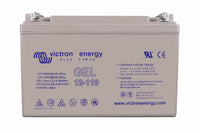 Front view of Victron 12V 110Ah gel battery showing technical specifications and charging parameters