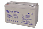 Angled view of a Victron 12V 110Ah gel deep cycle battery showing top terminals and front label