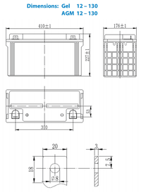 Technical dimensional drawing of Victron 12V 130Ah AGM battery in millimetres