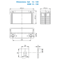 Technical dimensional drawing of Victron 12V 130Ah AGM battery in millimetres