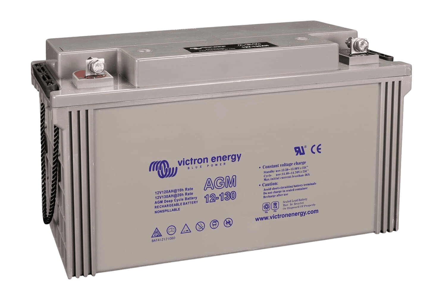 Three-quarter perspective view of the grey Victron 12V 130Ah AGM battery housing