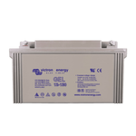 Front view of Victron 12V 130Ah gel battery showing terminal bolts and technical labels