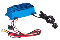 Blue waterproof 12V 13A battery charger with AU/NZ power plug and DC ring terminal cables