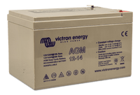 Angled front view of the grey Victron 12V 14Ah AGM battery case