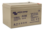 Angled front view of the grey Victron 12V 14Ah AGM battery case